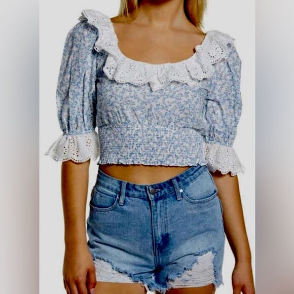 WAYF Hanita Eyelet Ruffle Smocked Top - Picture 1 of 7